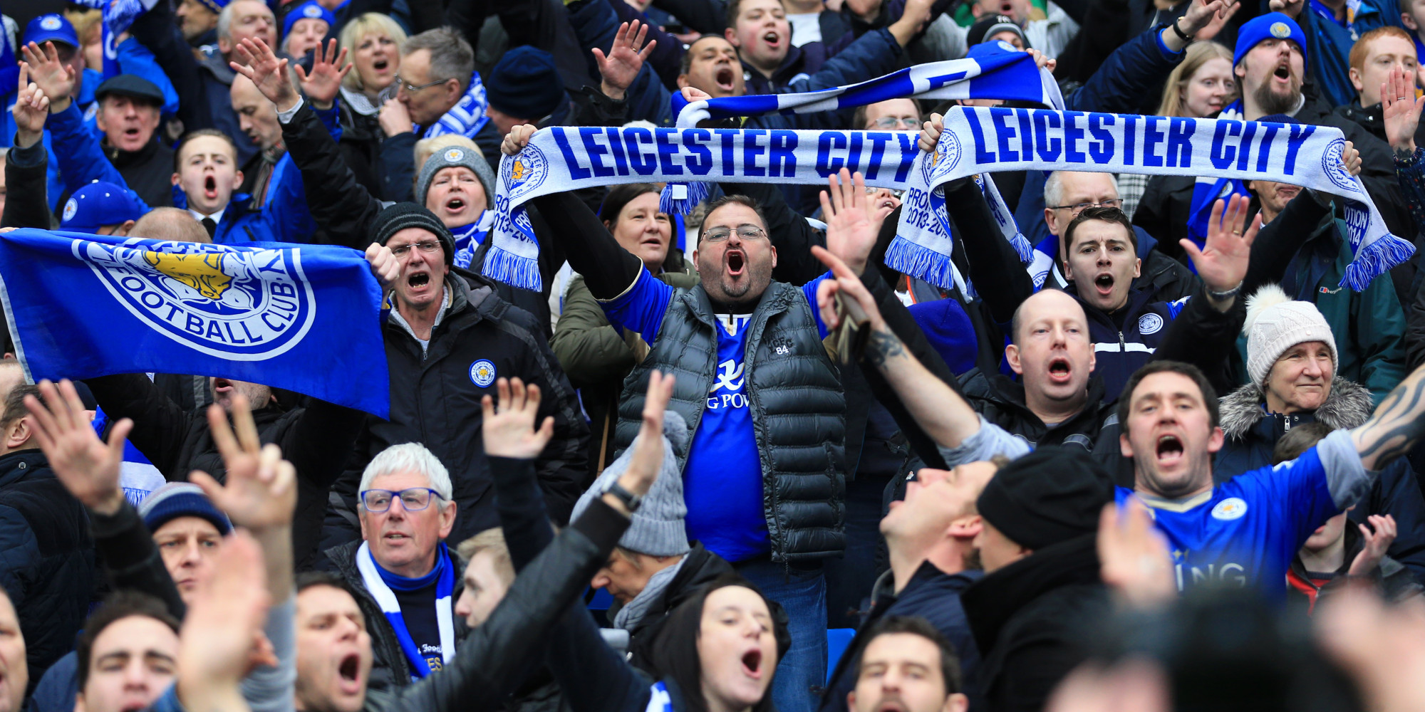MANCHESTER, ENGLAND - FEBRUARY 06: Leicester fans celebrate during the Barclays Premier League match between Manchester City and Leicester City at the Etihad Stadium on February 6, 2016 in Manchester, England. (Photo by Simon Stacpoole/Mark Leech Sports Photography/Getty Images)