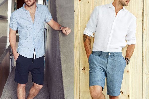 short jeans e camisa social masculino