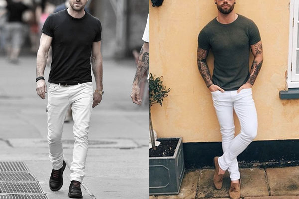 calça branca e camisa jeans masculino