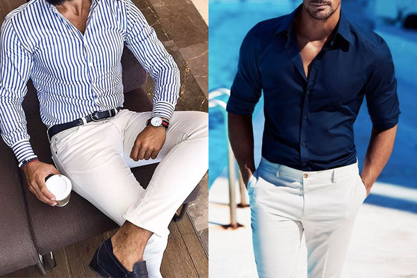 calça jeans e camisa azul marinho