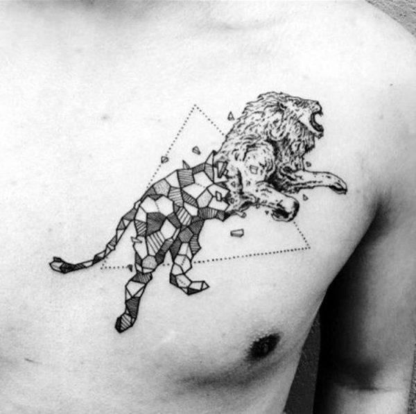 tatuagem de leão com linhas geométricas