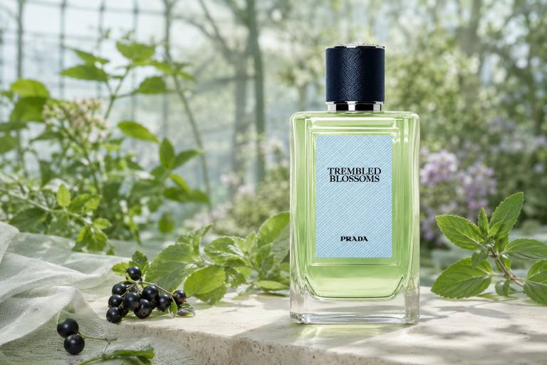 Prada lança Trembled Blossoms com notas de groselha, menta e camurça
