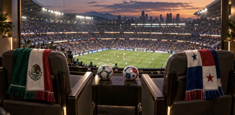 Cachecóis do México e do Panamá em uma sala VIP diante de um estádio de futebol ao pôr do sol